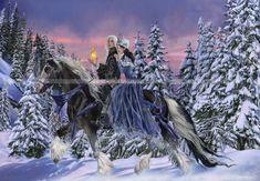 Couple à cheval dans neige