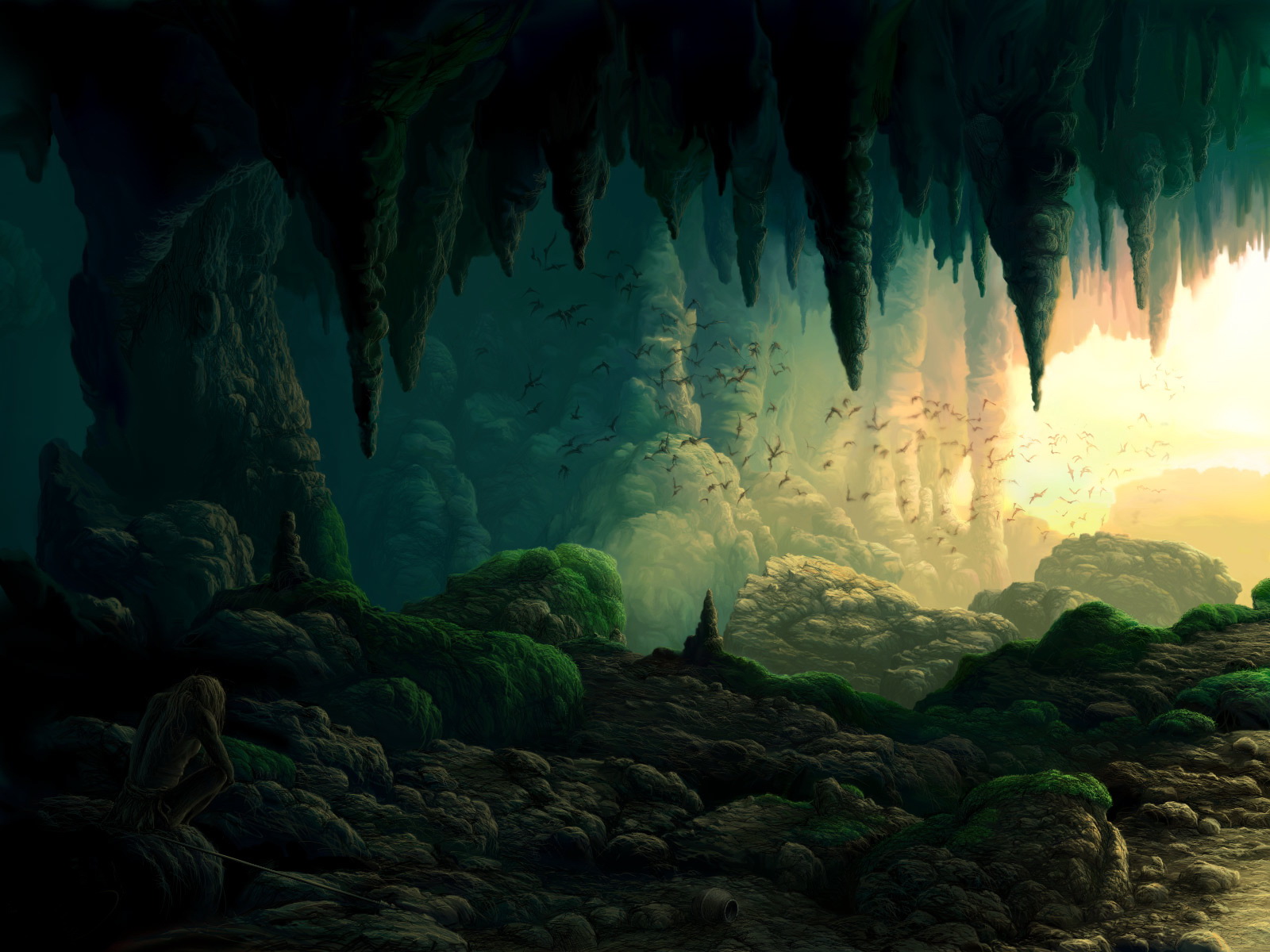 Grotte verte ouverte sur lumière